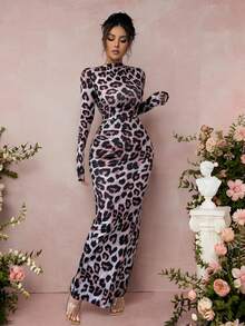 SHEIN Raffinéa Women's Ruched Leopard Print Long Sleeve Bodycon Dress, Commuter Style For Autumn/Winter - Multicolor - View 6