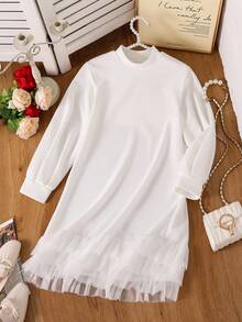 Vestido casual solto com decote alto e manga comprida, cor sólida, patchwork, babados e bainha