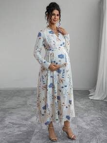 Momance Elegant Floral Print V-Neck Dress For Pregnant Women, Suitable For Commuting - Multicolor - View 5