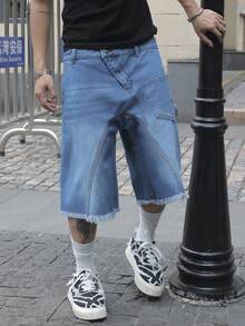 Manfinity EMRG 男士宽松休闲磨边五英寸牛仔短裤 - 藍色 - 查看 7