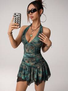 SHEIN ICON 女式性感V领荷叶边下摆腰果印花迷你连衣裙 - 彩色 - 查看 7