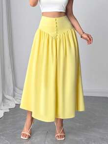 Firerie 新款休闲百搭轻薄仿亚麻喇叭裙，夏日度假波西米亚风优雅休闲裙 - 黃色 - 查看 5