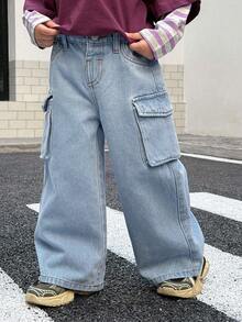 SHEIN 小男孩休闲蓝色牛仔宽松工装裤 - 中等水洗藍 - 查看 4