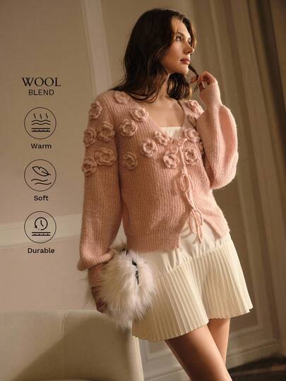 MOTF PREMIUM WOMEN DELICATE ROMANTIC ELEGANT 3D FLOWER KNITTED CARDIGAN