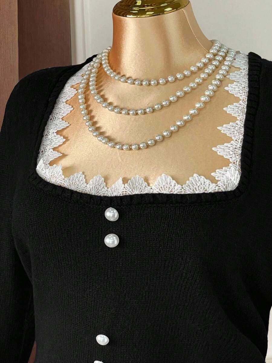 SHEIN Unity Never Out Of Style, Kooky Elegance Collection (Woe Is Me Vibes)(Wednesday Aesthetic) Plus Size Fashionable Elegant Tight Lace Collar Button Black Sweater Winter Fall Autumn - Black - View 1