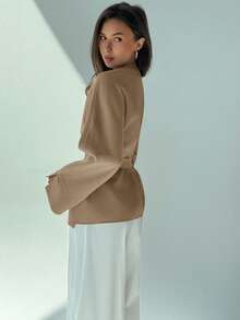 Aloruh Women's Solid Color Cross-Wrap Long Sleeve Fashionable Waist Shirt