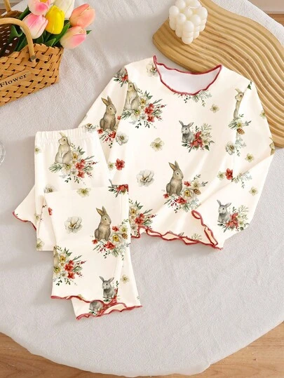 1set Baby Flickor Söt Elegant Vintage Tecknad Kanin Akvarell Blommigt Tryck Volang Kontrastkant Bekväm Casual Långärmad Pyjamasset