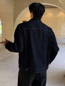 DAZY Autumn Patchwork Sleeve Fabric Street Style Letter Embroidery Design Navy Blue Men's Denim Jacket - Navy Blue - View 2