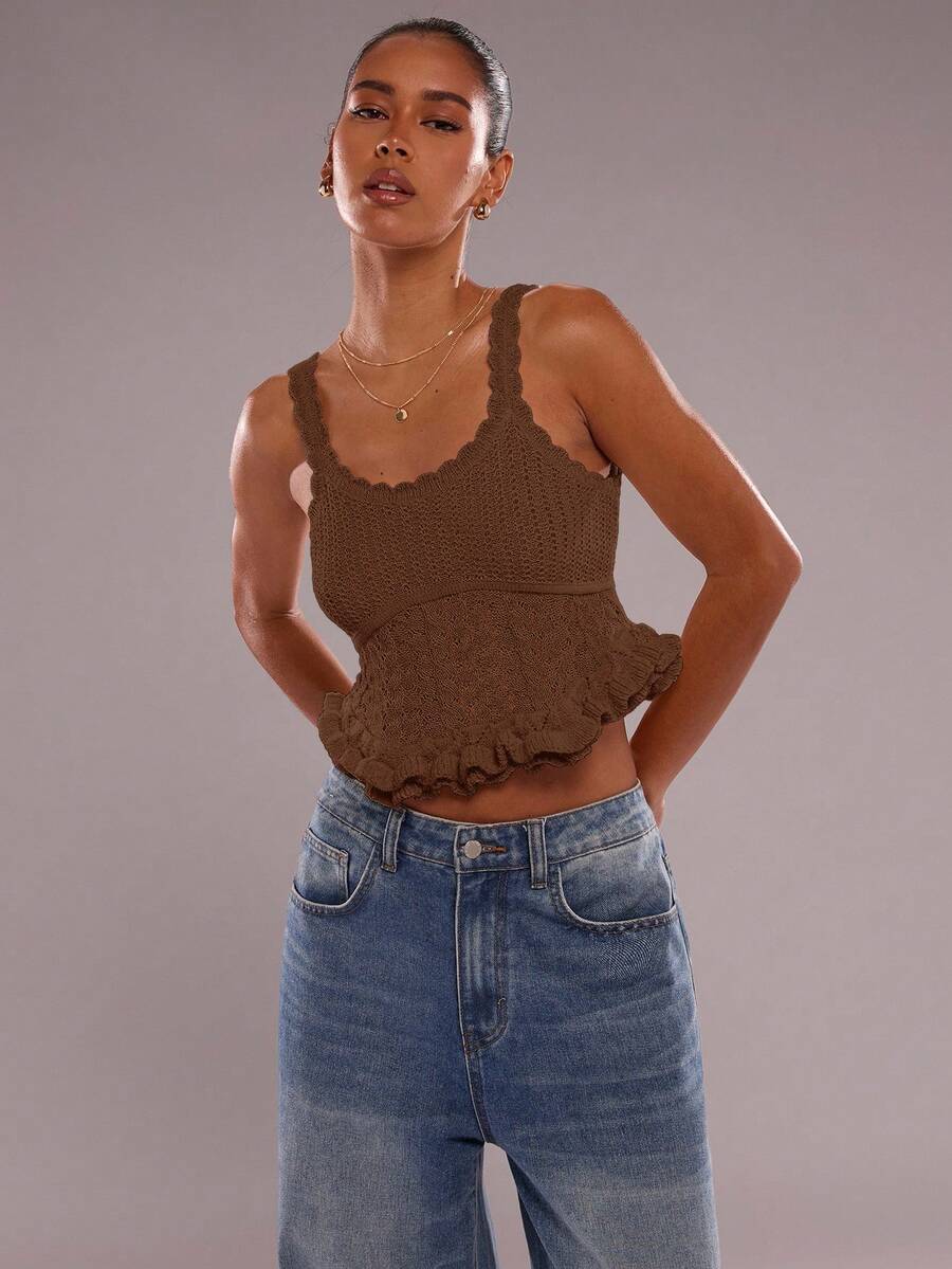 SHEIN BAE Áo len nữ ngắn tay viền ren không tay cho mùa thu/đông - Cà phê nâu - Xem 1