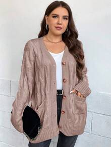 EURMUSE Cárdigan informal de talla grande de unicolor con bolsillos dobles, otoño/invierno - Rosa vieja - Ver 5