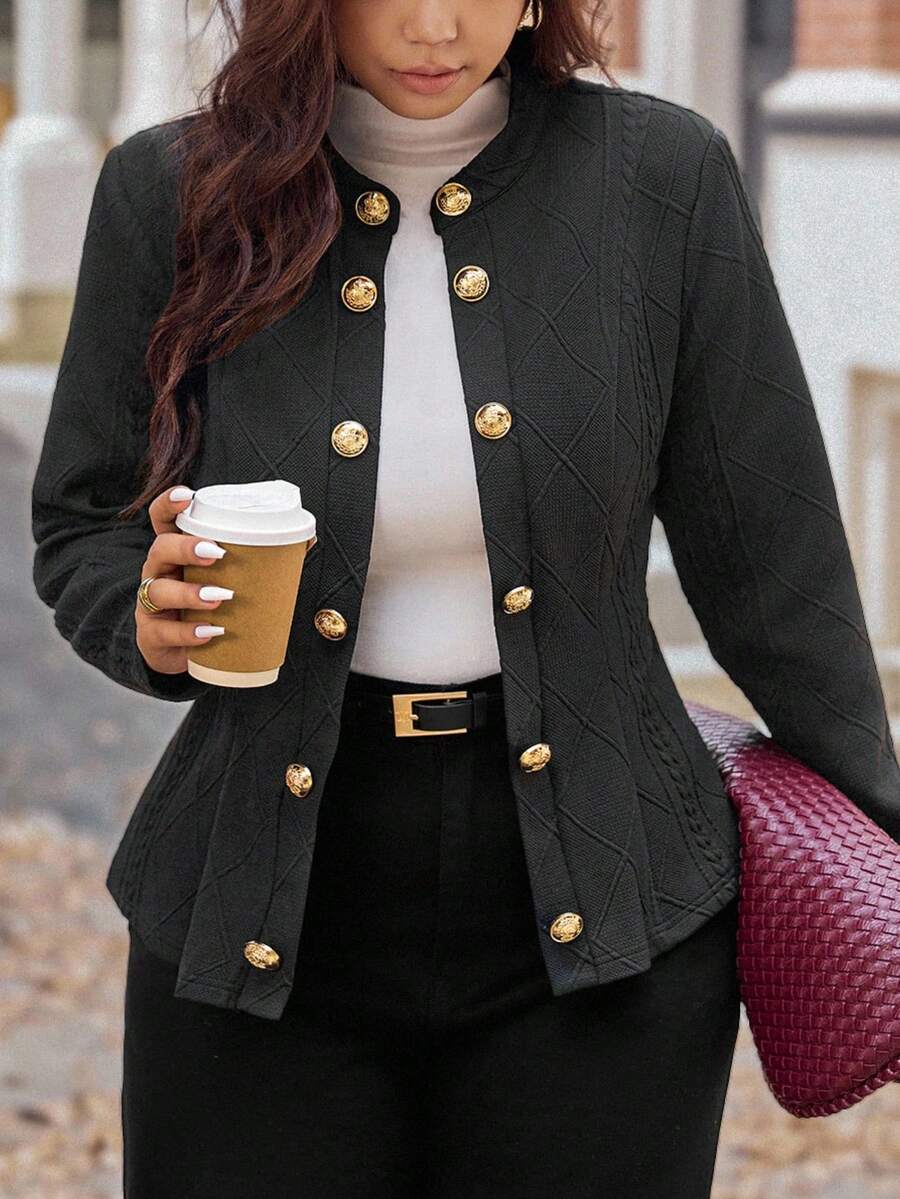 Flirla Plus Size Women Elegant Black Cable Knit Long Sleeve Stand ...