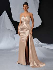 Glamrae Elegant Luxurious V-Neck Ruched Decor Side Draped High Slit Fishtail Maxi Dress, Evening Gown - Apricot - View 1