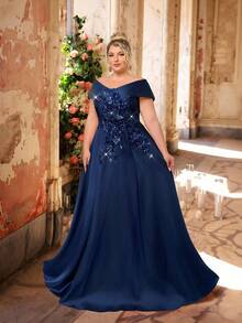 SHEIN Belle Váy maxi trễ vai thêu sequin satin màu sâm panh sang trọng lãng mạn cỡ lớn mùa hè, thích hợp cho tiệc tối, hẹn hò, vũ hội, tốt nghiệp, sự kiện đám cưới (trang trí đậm) - Màu xanh hải quân - Xem 6