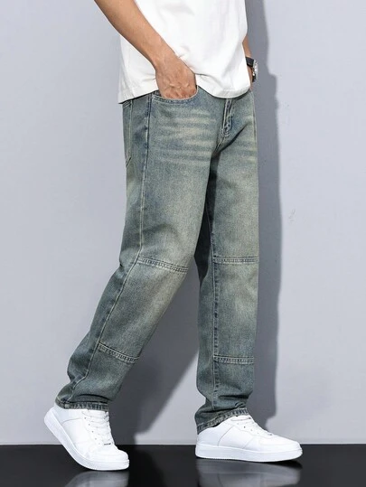 Manfinity Homme Men's Fashionable Simple Casual Denim Jeans, Suitable For Outdoor Recreation, Plain Long Distressed Straight Leg Light Blue Cargo Jeans, For Husband, Boyfriend Gifts Going Out Street College