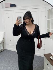 SHEIN EZwear 加大码纯色拉绒罗纹纽扣细节休闲吊带连衣裙，百搭秋冬装 - 黑色 - 查看 5