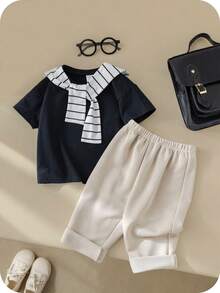 SHEIN 3pcs/Set Baby Boy Spring/Summer/Autumn Outfit, Includes Knit Short Sleeve T-Shirt, Striped Scarf, And Beige Pants, Comfortable Casual Basic Everyday Fashion, Suitable For Indoor, Outdoor, Daily, Sports, Play, Party, Photography, Holiday, All Seasons, Kindergarten Shirt Baby Boy Summer Outfit Baby Casual Set Baby Boy Outfit Set Baby Sailor Outfit