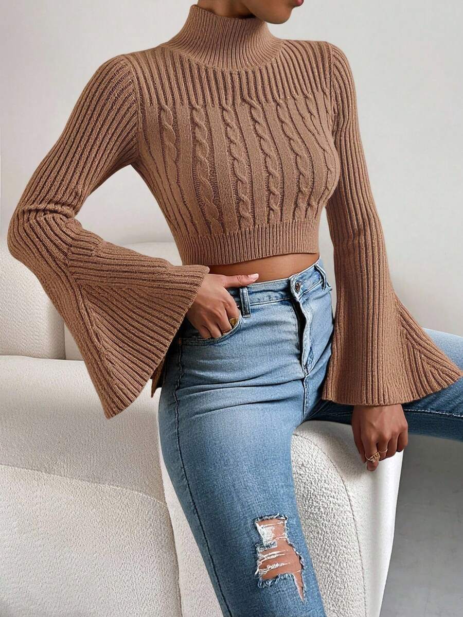 EURMUSE Mock Neck Cable Knit Flare Sleeve Crop Sweater - Grey - View 1