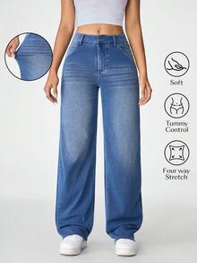 Flexra جينز كاجوال بجيوب وقصة مستقيمة فضفاضة للنساء - أزرق متوسط - مشاهدة 1