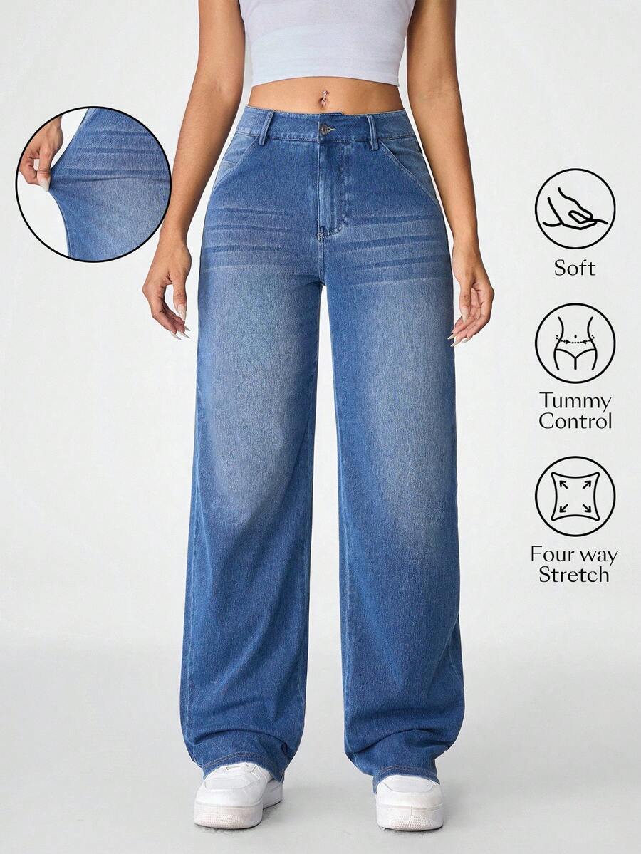 Flexra جينز كاجوال بجيوب وقصة مستقيمة فضفاضة للنساء - أزرق متوسط - مشاهدة 1