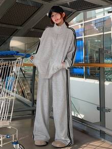 DAZY Women's Casual Contrast Striped Sweatshirt And Pants 2 Pieces Set, Autumn Tracksuits Women Set Lounge Sets For Women