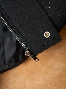 Manfinity Roghcode 男士纯色连帽休闲保暖绗缝棉服外套，格纹图案，冬季，秋季 - 黑色 - 查看 5