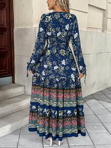 EMERY ROSE 花卉索环孔眼系带荷叶边下摆连衣裙 超长度假海滩装 女款 - 藍色 - 查看 2