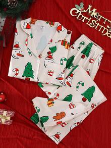 Teen Girl Christmas Tree & Gingerbread Man Print Long Sleeve Cardigan & Pants Pajama Set Fall Winter - Multicolor - View 3