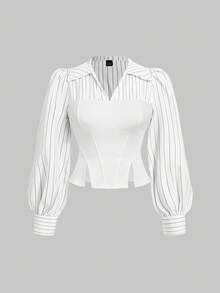 SHEIN MOD Plus Size White Contrast Striped Patchwork Asymmetric Hem Split Crop Camisole Shirt - White - View 1