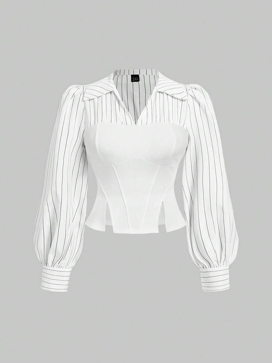 SHEIN MOD Plus Size White Contrast Striped Patchwork Asymmetric Hem Split Crop Camisole Shirt - White - View 1