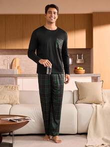 Manfinity Underwear&Sleepwear Basics Plus Size Men's Plaid Pocket Long Sleeve Pajama Set