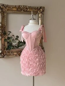 Lovelzi 优雅、浪漫、性感春夏粉色针织弹力吊带抹胸立体花卉面料迷你派对、女士端庄连衣裙、毕业礼服、婚礼派对、节日、舞会鸡尾酒会礼服、婚礼宾客礼服 - 粉色 - 查看 5