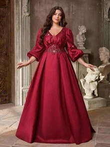 Aureia 加大码优雅浪漫深 V 领勃艮第长袖泡泡腰褶饰花卉珍珠和水钻装饰长款礼服 - 紅色 - 查看 6