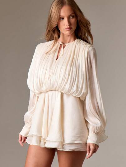 AiiRZ 高腰迷你连衣裙 褶皱雪纺婚礼宾客长袖飘逸短款派对正式礼服 春季晚礼服