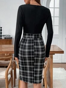 EMERY ROSE 女士优雅通勤格子拼布中长连衣裙 - 彩色 - 查看 2