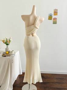 Soleia 女式纯色无袖腰部镂空褶饰性感连衣裙 - 杏色 - 查看 3