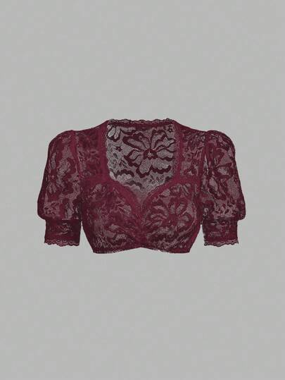 Fairmaia German Traditional Women's Solid Color Lace Short Lantern Sleeve Cropped Summer Top