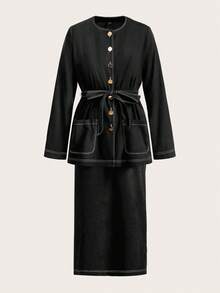 Modelyn 2件套女士通勤束腰衬衫和中长裙 - 黑色 - 查看 2