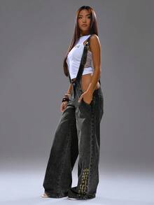 MUSERA 极致露肩背带裤，印花图案，春夏街头风，Y2K酷女孩可爱都市缪斯返校季冬季休闲时尚款 - 黑色 - 查看 5