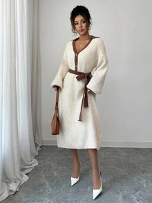 Elenzga 女式复古法式撞色领收腰灯笼袖优雅高领针织中长毛衣连衣裙 - 杏色 - 查看 5