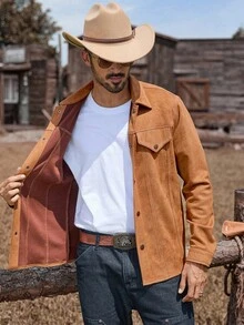 Manfinity Nomadique Men's Western Style Casual Vintage Solid Color Jacket Suede Jacket Men Western Wear Men Men Western Jacket Cowboy Jacket Men Western Jacket Men Fleece - Brown - View 8