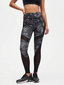 Eassivo Eassivo Women's High-Waisted Abstract Print Mesh Panel Sports Leggings, Black Camo Leggings, Mesh Legging With Phone Pocket, Leggings With Mesh Panels - Black - View 1