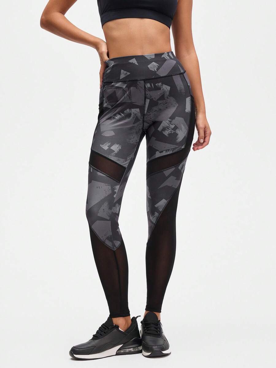 Eassivo Eassivo Women's High-Waisted Abstract Print Mesh Panel Sports Leggings, Black Camo Leggings, Mesh Legging With Phone Pocket, Leggings With Mesh Panels - Black - View 1