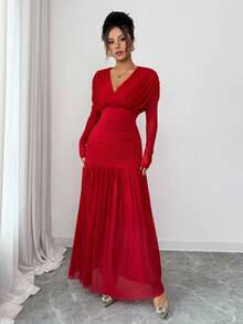 Elenzga Fashionable Urban New Women's Solid Red V-Neck Long Sleeve Sexy Hollow-Out Mesh Patchwork Pleated A-Line Maxi Dress, Suitable For Commuting, Graduation Party, Holiday Events, Dates, Daily Wear, Autumn/Winter - Red - View 3