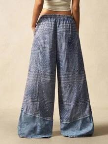 Bohemela 秋季波西米亚音乐节万圣节佩斯利图案休闲梭织拼接宽松阔腿女裤 - 藍色 - 查看 7