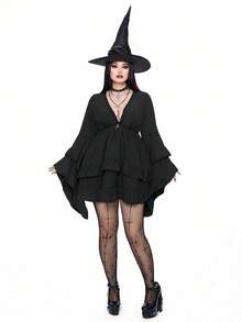 Flirla Đầm phong cách Punk thường ngày cỡ lớn dành cho nữ, đầm ngắn tay dài xếp tầng nhiều lớp, kiểu dáng Gothic, thích hợp cho mùa thu đông. - màu đen - Xem 4