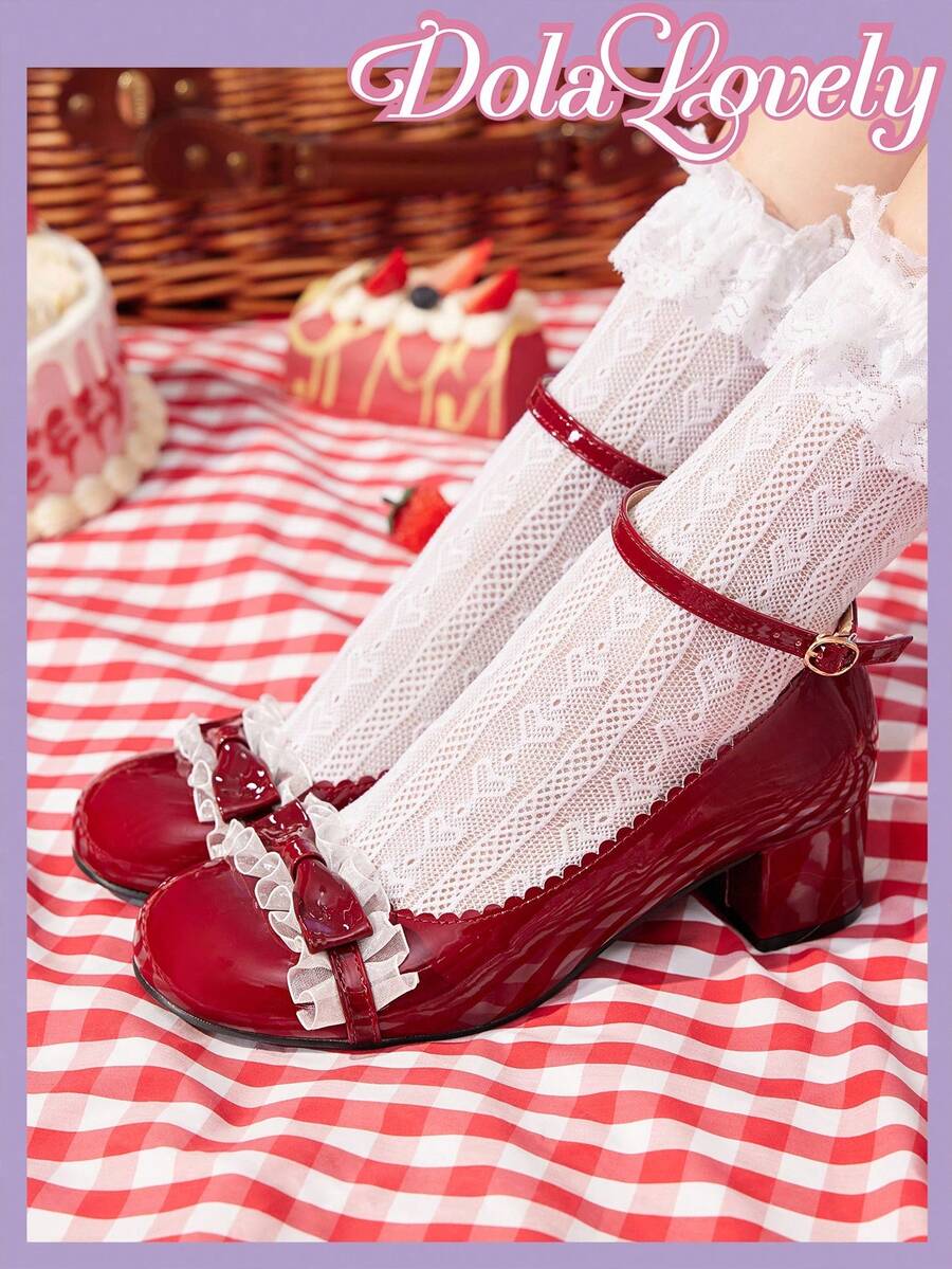 Dola Lovely Zapatos tipo Lolita con lazo decorativo, puntera redonda y tacón medio en color vino para mujer - Burdeos - Ver 1
