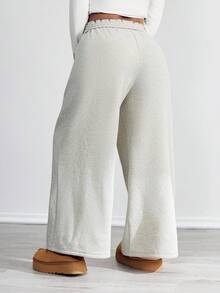 SHEIN PETITE CURVE 大码秋冬新款保暖内衬厚款休闲百搭高腰松紧腰宽松阔腿运动裤 - 灰色 - 查看 2