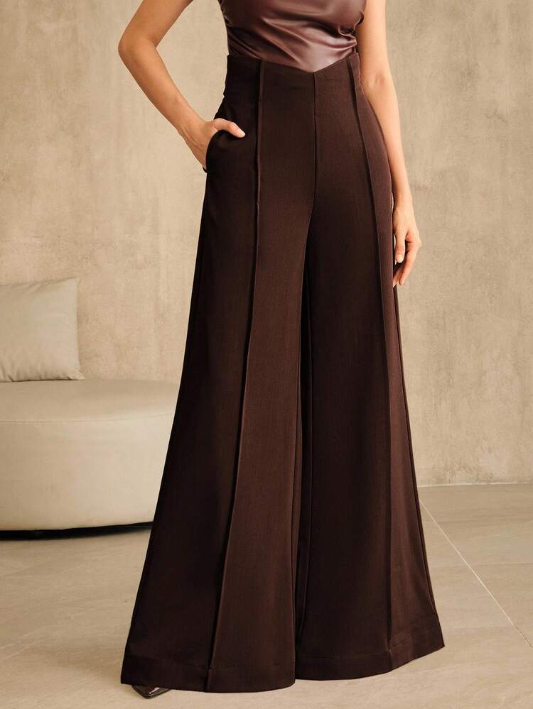 Women's Solid Color High-Waisted V-Shaped Fashion Pocket Flare Pants, Elegant For Autumn/Winter