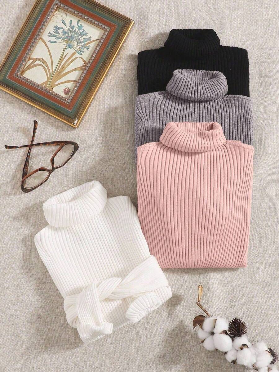 SHEIN LUNE 4 件女式高领长袖纯色套头毛衣,秋冬 - 彩色 - 查看 1