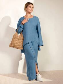 Momelise Plus Size Women Solid Color Round Neck Adjustable Long Sleeve Asymmetrical Hem Top And Long Button Slit Casual Pants Set - Blue - View 5